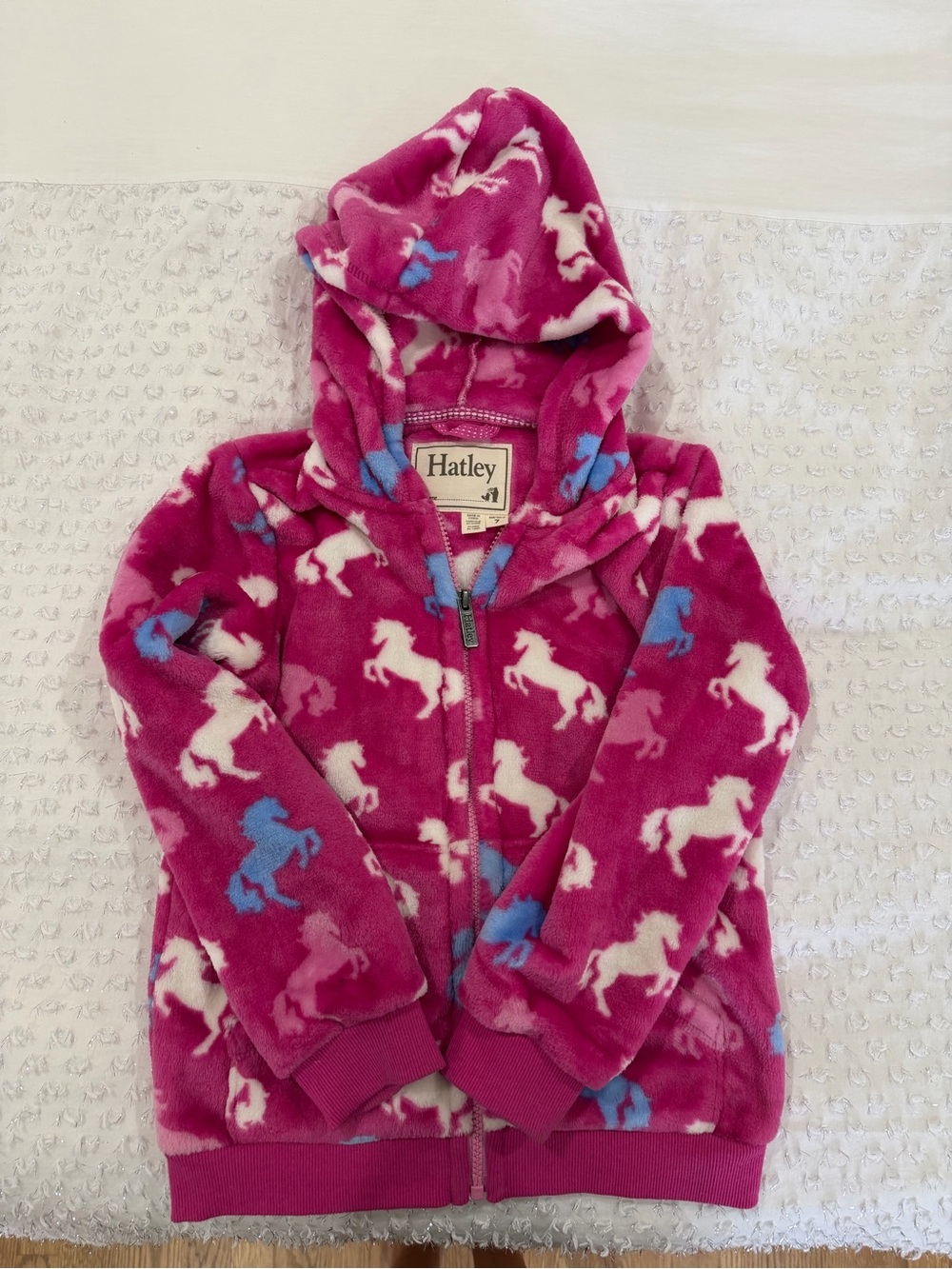 Hatley Hot Pink Unicorn Fleece Hoodie with Blue & White Prints size 7